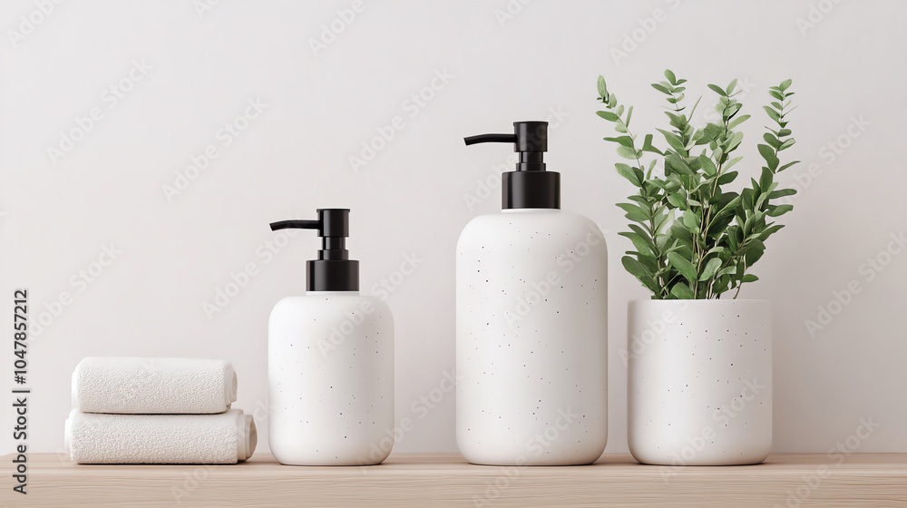 Fototapeta premium Stylish white bottles with black pumps alongside a small plant, neatly arranged on a wooden surface, ideal for modern home decor.