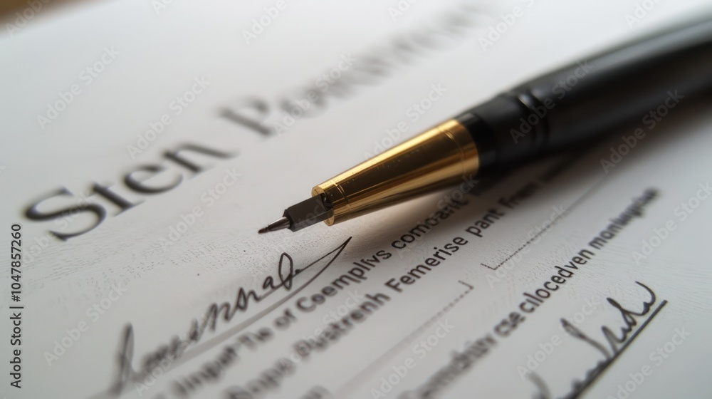 Gold-Trimmed Pen on a Legal Document with a Signature Gold-Trimmed Pen on a Legal Document with a Signature