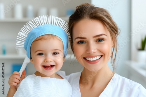 A little girl holding a hairbrush and pretending to sing, just like her mother does in front of the mirror