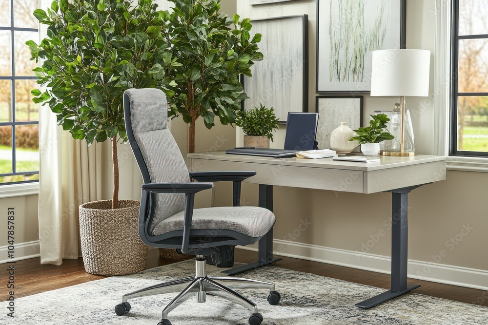 Fototapeta premium Modern home office with a comfortable desk chair, a standing desk, and a window view.
