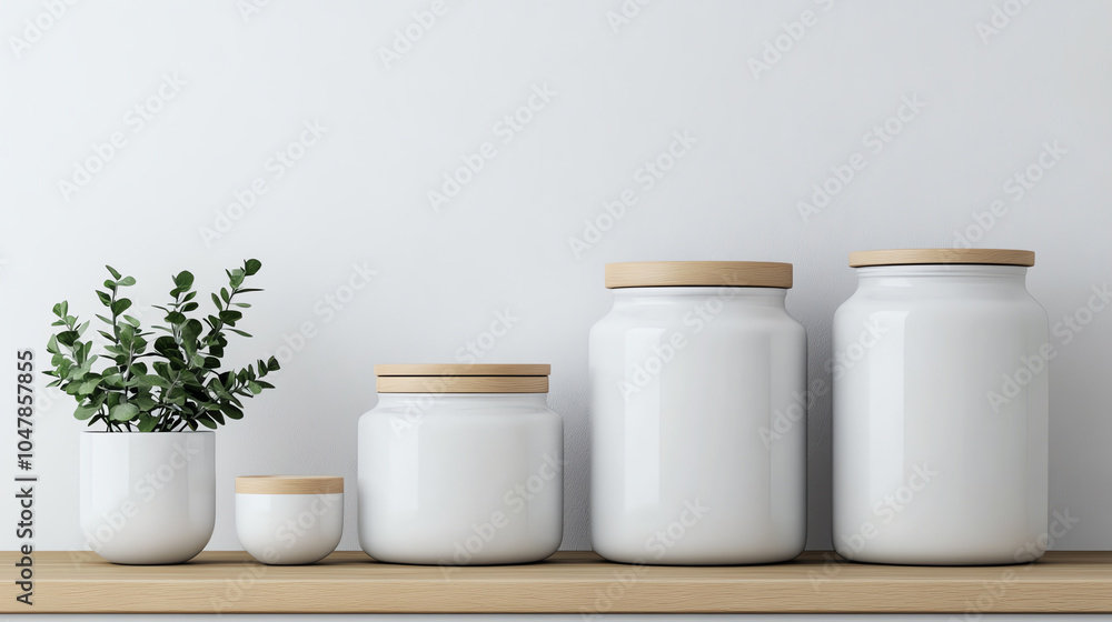 A beautiful arrangement of white ceramic jars with wooden lids placed elegantly on a shelf, complemented by a small green plant. A beautiful arrangement of white ceramic jars with wooden lids placed elegantly on a shelf, complemented by a small green plant.