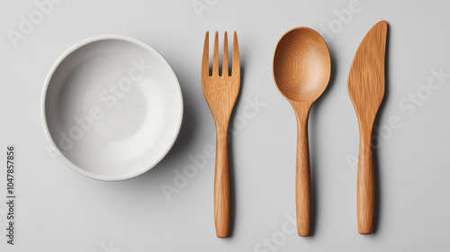 Wooden cutlery set including a fork, spoon, knife, and a small bowl on a neutral background, perfect for eco-friendly dining.