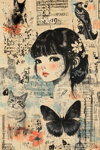 A Japanese vintage-style collage of various illustrations and elements, such as cats in a sketch kawaii style, musical notes, flowers, stars, and vintage manga elementsl.