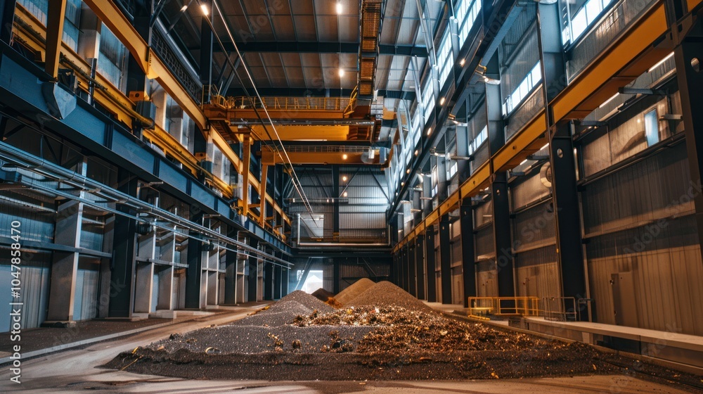 Industrial Facility with Piles of Metal Scrap in a Large Building Industrial Facility with Piles of Metal Scrap in a Large Building