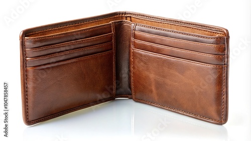 Symmetrical open brown leather wallet on white surface