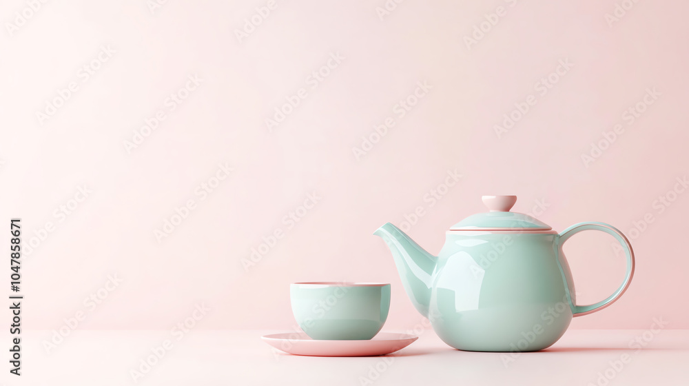 A serene tea set featuring a mint green teapot and cup with a delicate pink saucer, set against a soft pastel background. A serene tea set featuring a mint green teapot and cup with a delicate pink saucer, set against a soft pastel background.