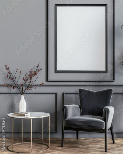 Wallpaper Mural 「快適なアームチェア、ミニマルなコーヒーテーブル、壁の空の額縁のモックアップを備えたスタイリッシュでエレガントなグレーのリビングルームインテリア」 Torontodigital.ca