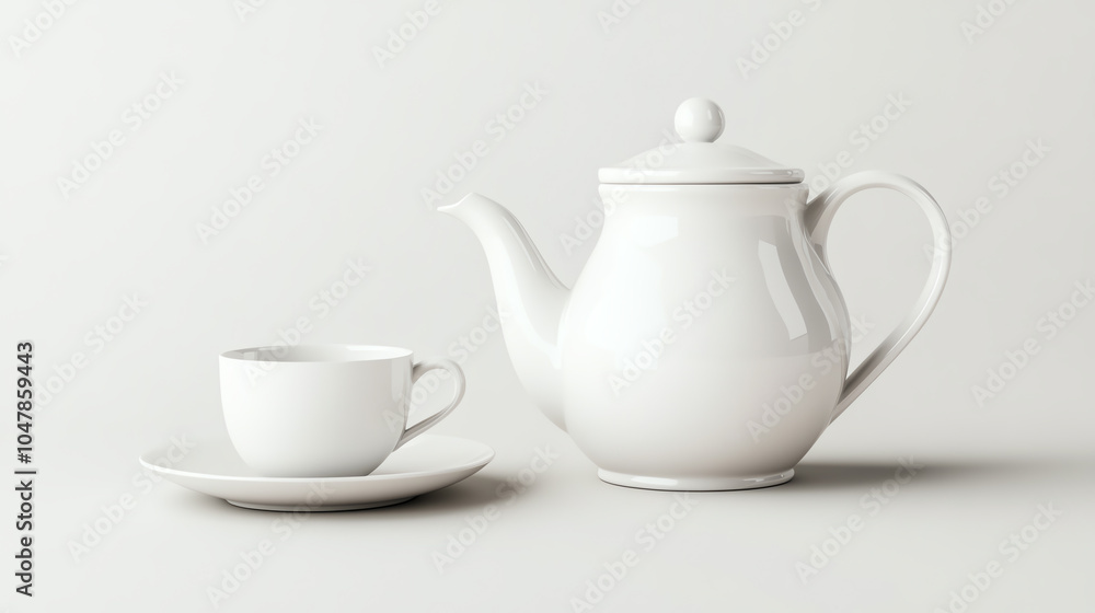 Elegant white teapot with a matching cup and saucer on a clean, minimalistic background, perfect for tea lovers and elegant dining settings. Elegant white teapot with a matching cup and saucer on a clean, minimalistic background, perfect for tea lovers and elegant dining settings.