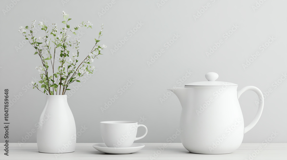 Minimalistic tea set with a white teapot, cup, and vase of flowers on a neutral background, creating a serene and elegant atmosphere. Minimalistic tea set with a white teapot, cup, and vase of flowers on a neutral background, creating a serene and elegant atmosphere.