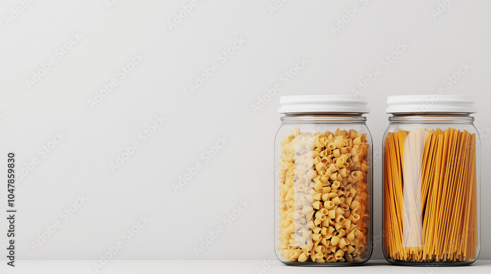 Two glass jars filled with pasta and grains, placed against a minimalistic white background, perfect for kitchen or food storage themes. Two glass jars filled with pasta and grains, placed against a minimalistic white background, perfect for kitchen or food storage themes.