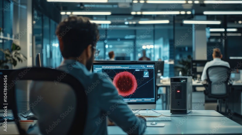 Man Working on Computer with Red 3D Model on Screen in Office