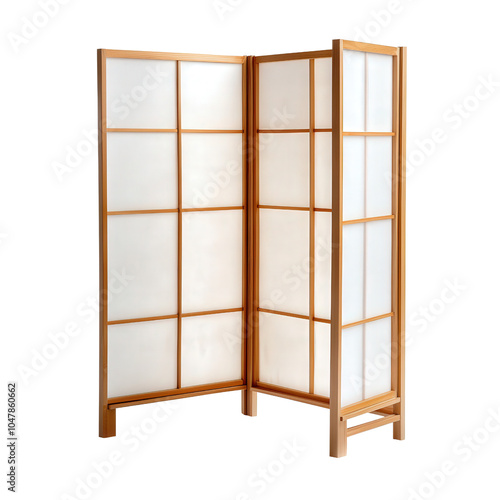 Wooden folding screen with translucent panels, white isolate background.