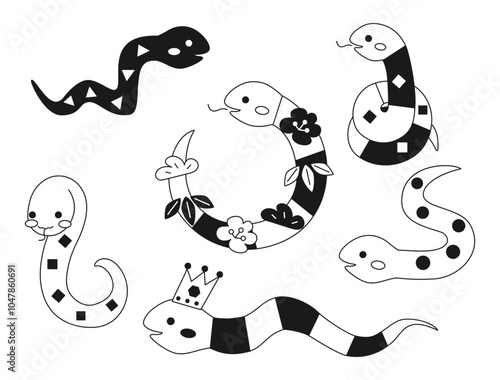 巳年の年賀状などにも使える白黒の蛇のキャラクターのイラストのセット
