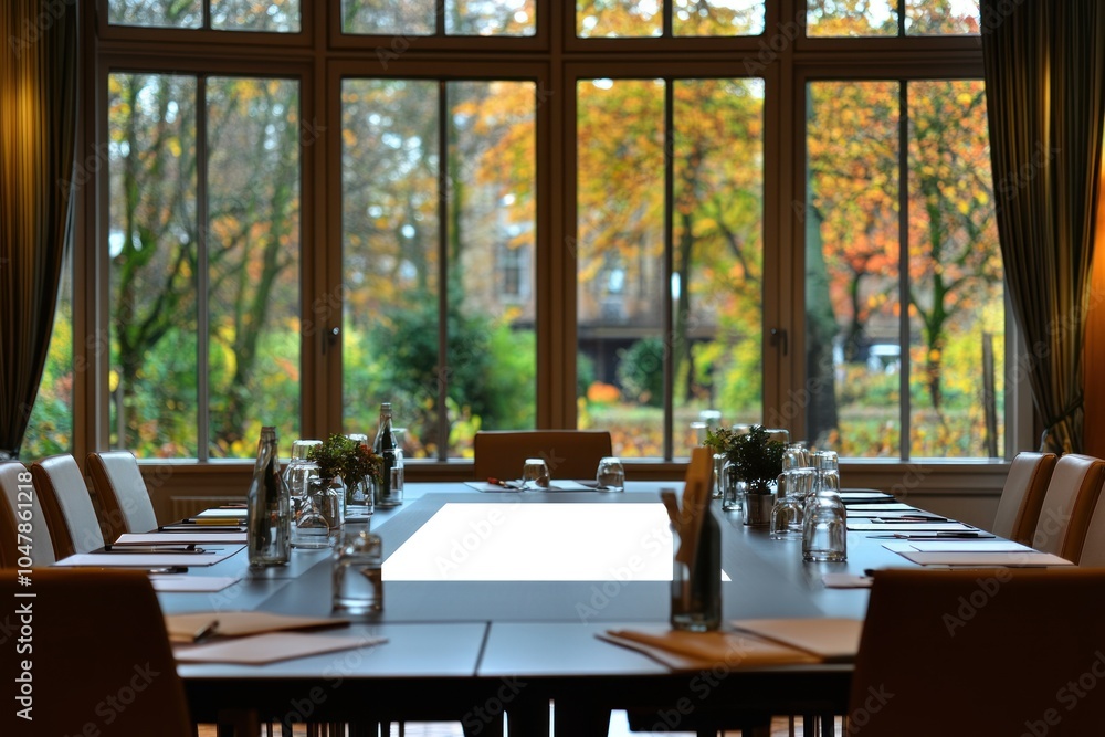 Fototapeta premium A conference room with a large window overlooking a garden with autumn foliage.