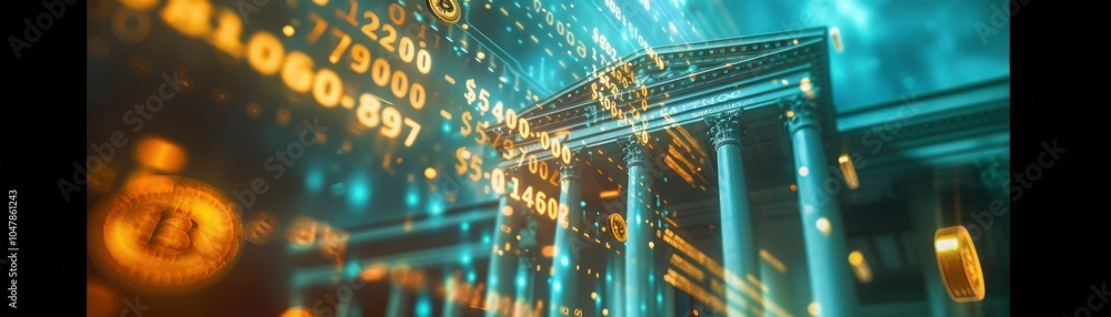 Digital Finance Future, Cryptocurrency Symbols, Classical Architecture, Technology Integration, Modern Economy Insight Digital Finance Future, Cryptocurrency Symbols, Classical Architecture, Technology Integration, Modern Economy Insight