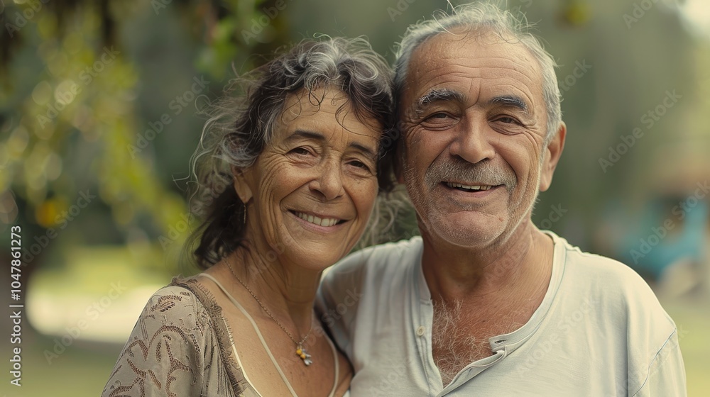 Happy couple, smiling in a sunny park, showing warmth and love in togetherness Happy couple, smiling in a sunny park, showing warmth and love in togetherness