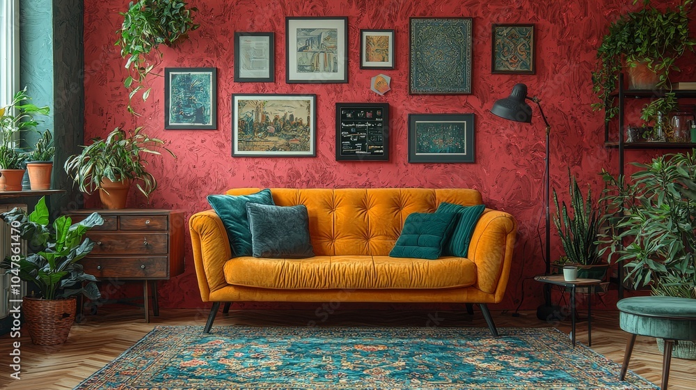 Cozy living room with an orange sofa, plants, and artwork on a red wall. Cozy living room with an orange sofa, plants, and artwork on a red wall.