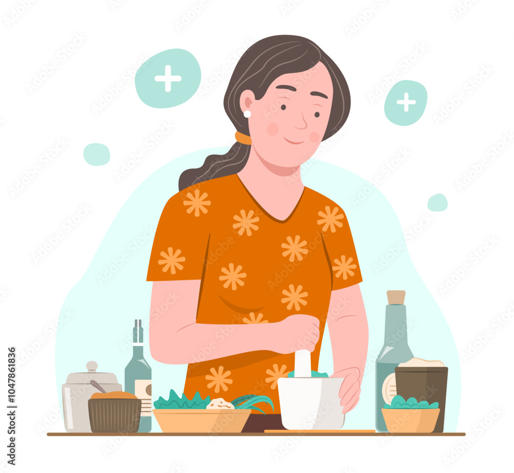 Young Woman Mixing Herbs and Other Organic Remedies to Make Herbal Medicine for Homeopathy Concept Illustration Young Woman Mixing Herbs and Other Organic Remedies to Make Herbal Medicine for Homeopathy Concept Illustration