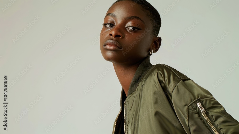 Portrait of a Young Woman with Short Hair Wearing a Green Bomber Jacket Portrait of a Young Woman with Short Hair Wearing a Green Bomber Jacket