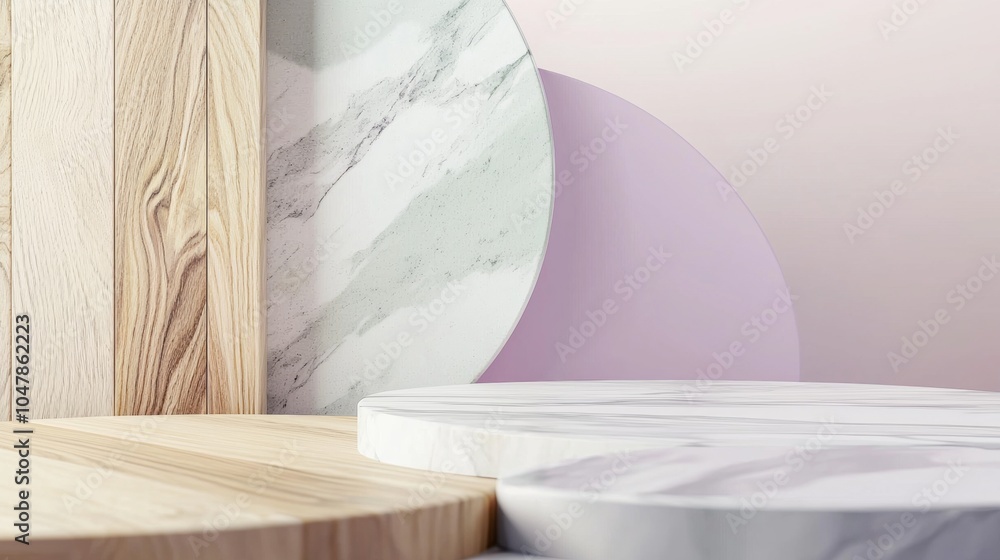 Round marble and wood podiums are creating a beautiful and elegant minimalist display on a pink background with decorative marble and pastel purple semi-circles Round marble and wood podiums are creating a beautiful and elegant minimalist display on a pink background with decorative marble and pastel purple semi-circles