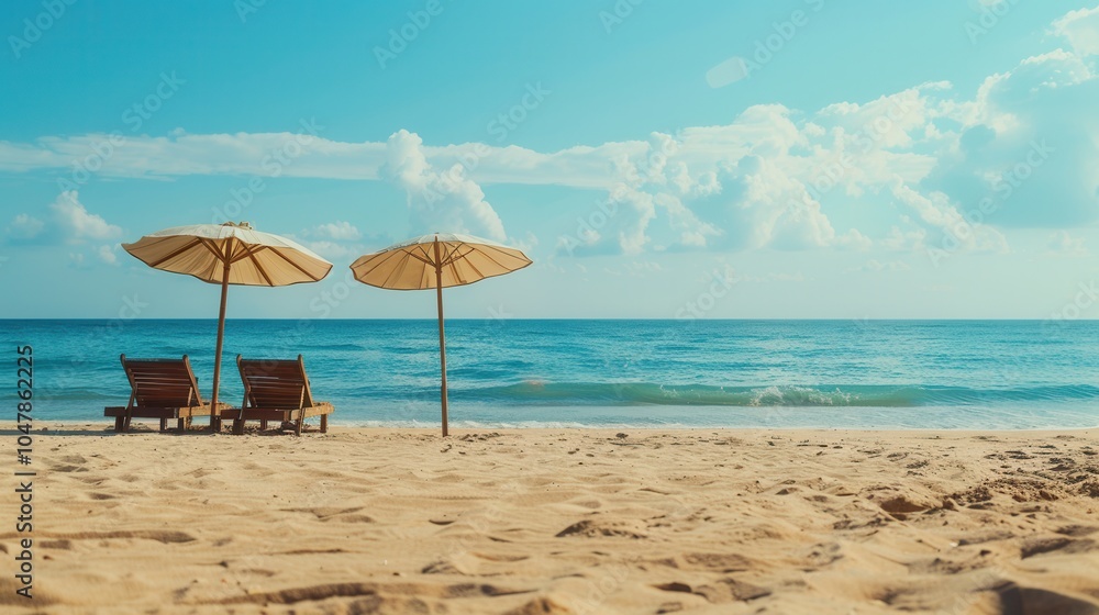 Two lounge chairs sit peacefully on a bright sandy beach, shaded by parasol umbrellas, as gentle waves lap at the shore. Generative AI Two lounge chairs sit peacefully on a bright sandy beach, shaded by parasol umbrellas, as gentle waves lap at the shore. Generative AI