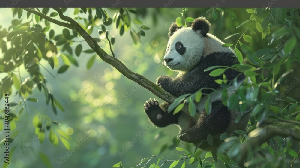 Obraz premium A Young Panda Sitting on a Branch in Lush Green Foliage