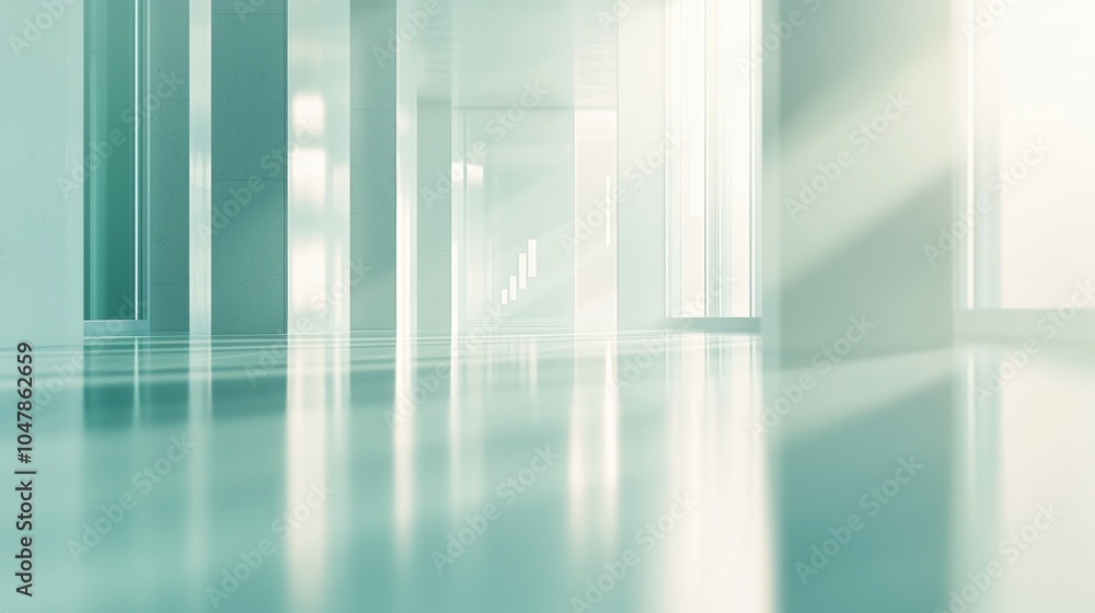 Fototapeta premium Modern office corridor flooded with sunlight, reflecting light on shiny floors and white walls, creating a minimalist, futuristic feel for a professional workplace