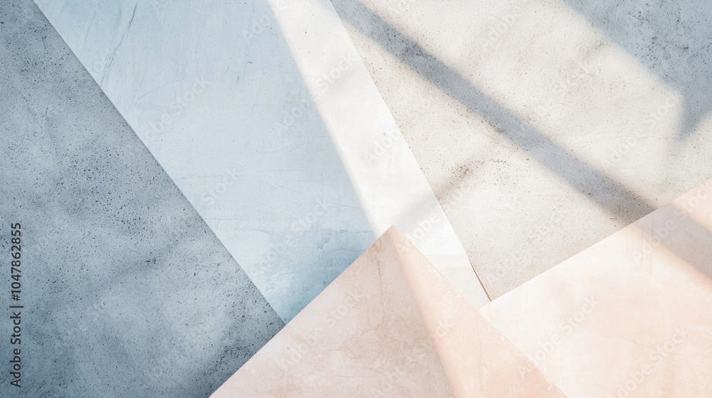 Fototapeta premium Geometric concrete background with sunlight shadows, perfect for modern, minimalistic projects. Gray, white, beige tones blend for sleek, versatile design. Ideal for ads, marketing, social media