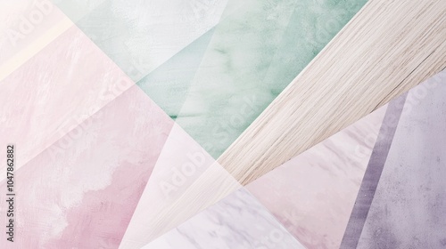 Modern abstract design showcasing a blend of pastel-colored triangles with realistic textures of marble, wood, and concrete, creating a visually appealing and sophisticated backdrop