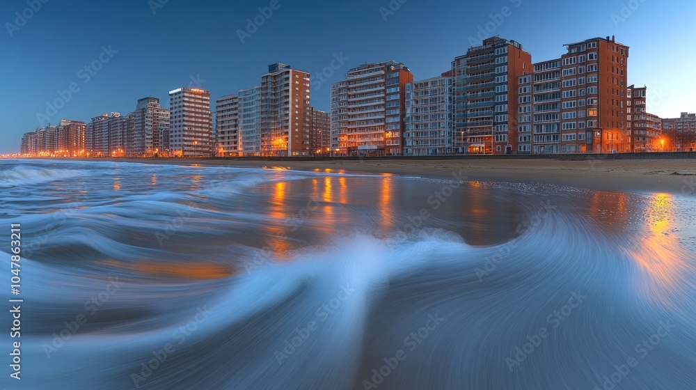 Obraz premium Cityscape with a long exposure shot of the ocean waves crashing on the sandy beach at dusk.