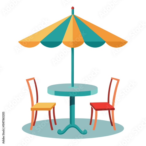 Café Table with Chair and Parasol Umbrella - Isolated on White Background