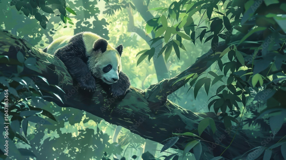 Obraz premium A Sleepy Panda Resting on a Branch in a Lush Green Forest