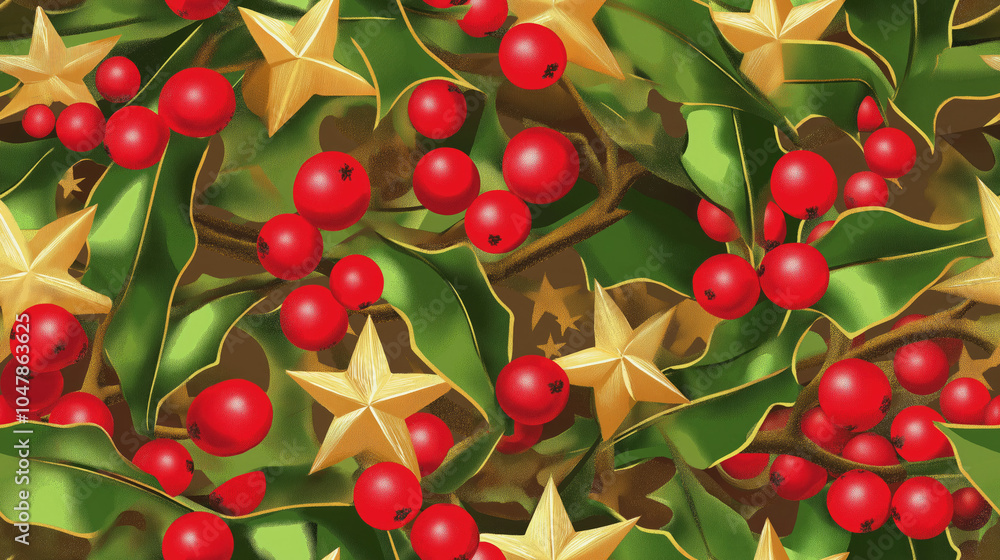 Christmas seamless pattern with oculus leaves, berries and gold stars.Timeless print for festive wallpaper and textile Christmas design Christmas seamless pattern with oculus leaves, berries and gold stars.Timeless print for festive wallpaper and textile Christmas design