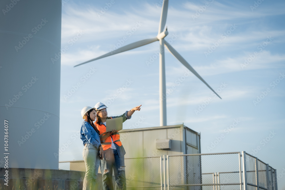 two engineers are standing on a fence looking at a wind turbine. One of them is pointing at the turbine two engineers are standing on a fence looking at a wind turbine. One of them is pointing at the turbine