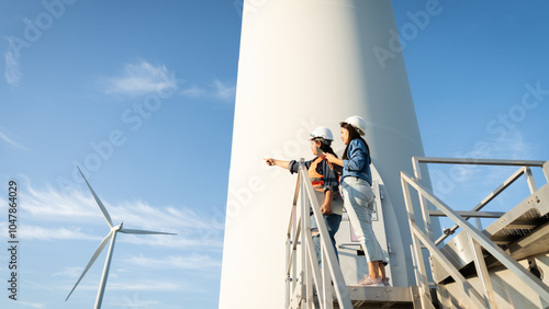 two engineers are   standing on a ladeder next to a wind turbine. One of them is pointing at the turbin photo