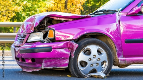 Damaged Purple Car After High Speed Collision on Asphalt Road