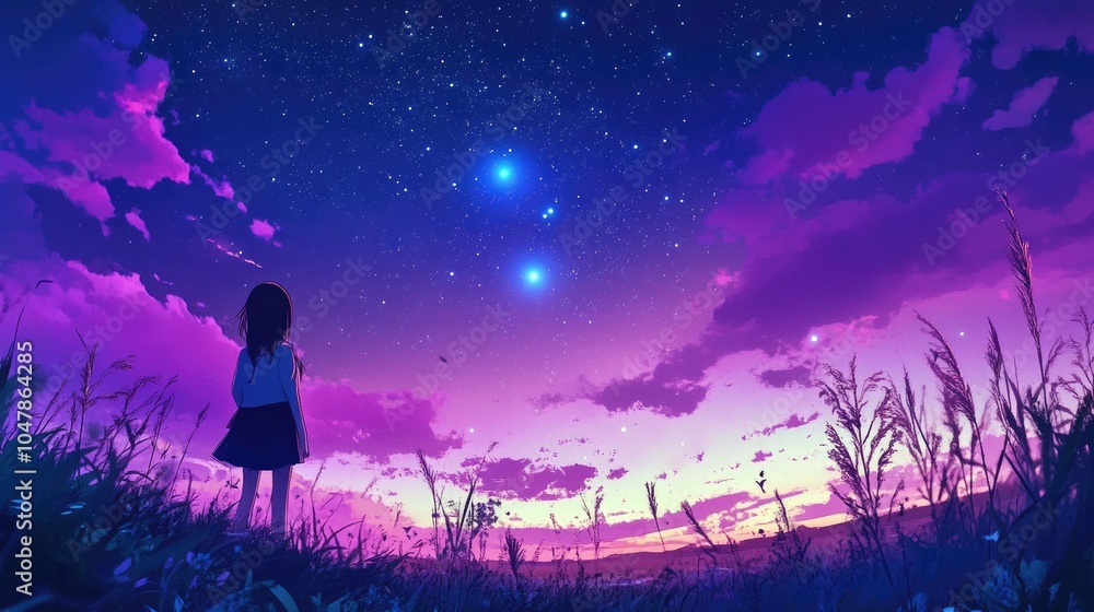 Anime Girl Gazing at the Night Sky with Three Bright Stars Anime Girl Gazing at the Night Sky with Three Bright Stars