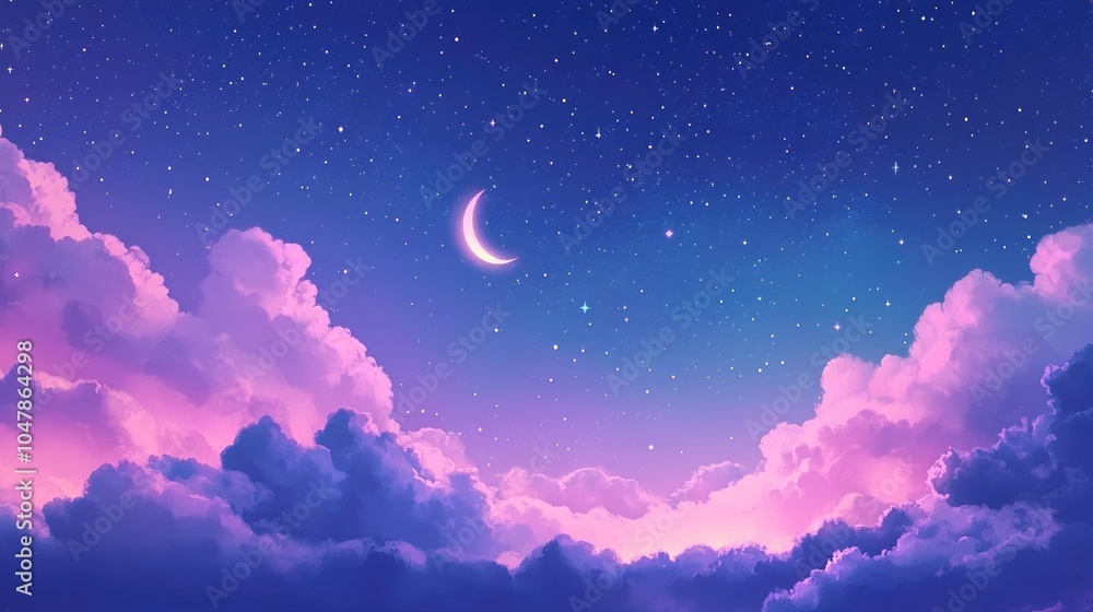 A Crescent Moon and Stars Gleaming Through Pink and Purple Clouds A Crescent Moon and Stars Gleaming Through Pink and Purple Clouds