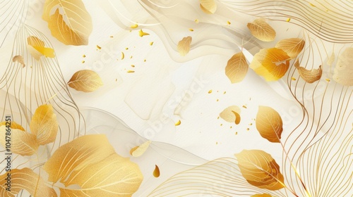 Golden Leaves on a Creamy White Background with Abstract Lines and Scattered Droplets