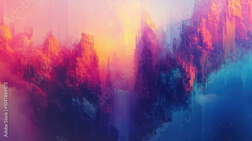 Abstract Digital Art of a Futuristic Cityscape in Pink, Yellow, and Blue Hues