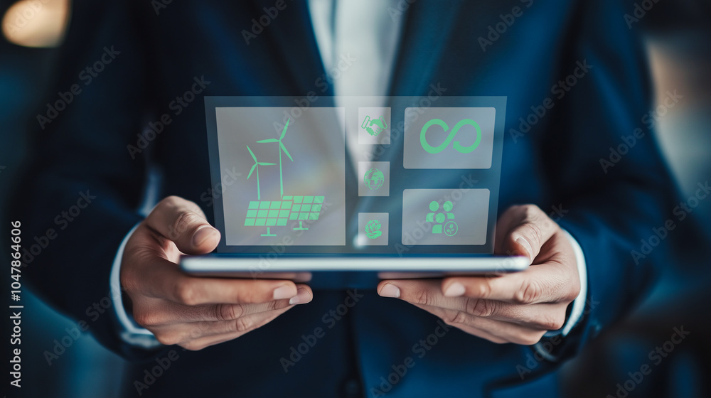 Fototapeta premium Business professional holding a tablet showcasing digital interfaces for renewable energy solutions, including wind power and efficiency metrics.