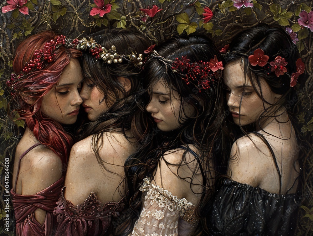Four Women in a Floral Crown: A Romantic Fantasy Painting Four Women in a Floral Crown: A Romantic Fantasy Painting