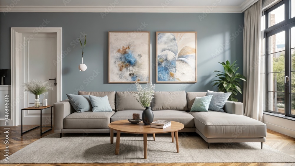Fototapeta premium A modern living room featuring a comfortable sectional sofa, a stylish coffee table with a contemporary design, and a pair of abstract art pieces.