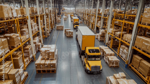 Yellow trucks move between high shelves filled with boxes in a vast warehouse. Concept of logistics and supply chain. For illustrating industrial operations