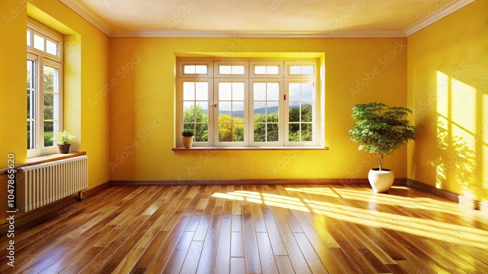 Obraz premium A sunlit empty room with hardwood floors and yellow walls, featuring two large windows with views of lush greenery, a small potted plant, and a white radiator.