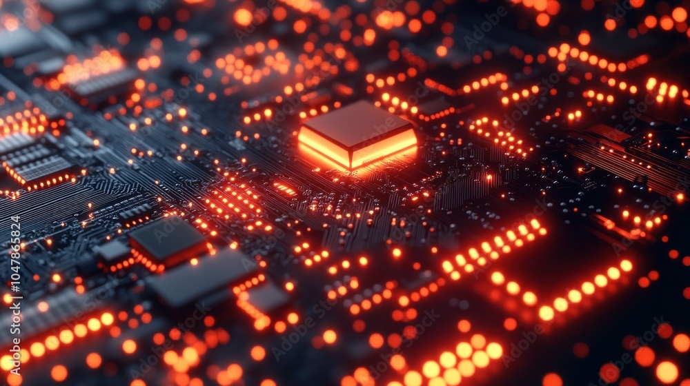Close-up of a glowing CPU on a circuit board. Close-up of a glowing CPU on a circuit board.
