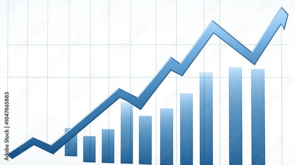Blue line chart showing an upward trend and bars representing data points. Blue line chart showing an upward trend and bars representing data points.