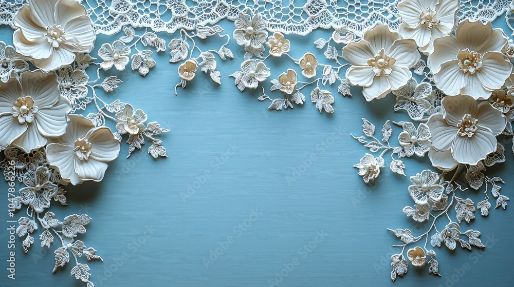 Elegant lace and floral embellishments on a soft blue background, ideal for invitations or decor. Elegant lace and floral embellishments on a soft blue background, ideal for invitations or decor.