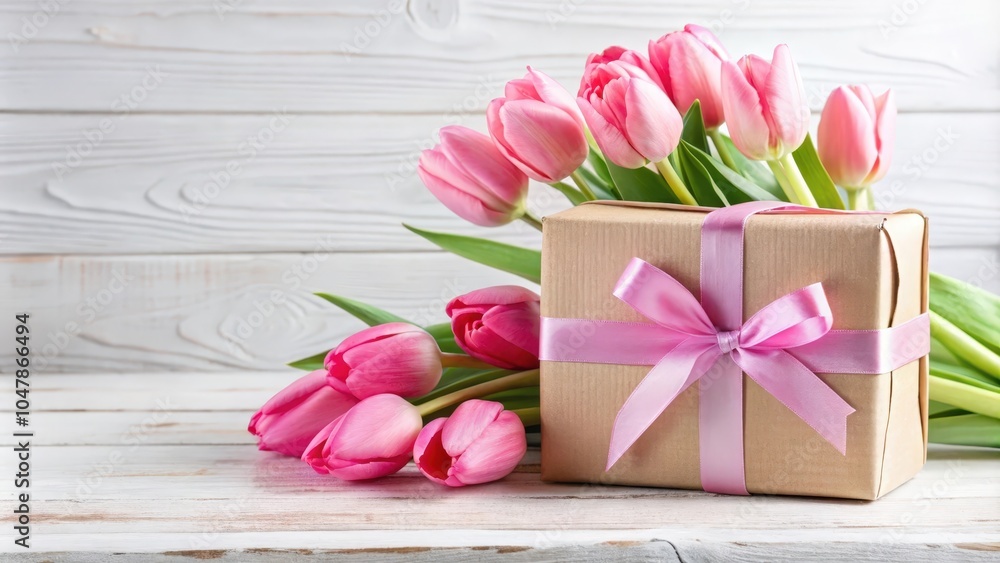 Obraz premium A Gift Wrapped in Kraft Paper Adorned with a Delicate Pink Ribbon, Accompanied by a Bouquet of Pink Tulips on a Rustic Wooden Background