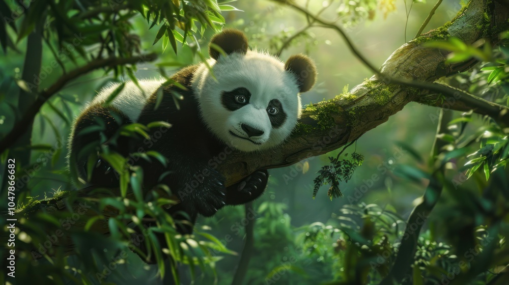 Obraz premium A Curious Panda Cub Perched on a Branch in a Lush Forest